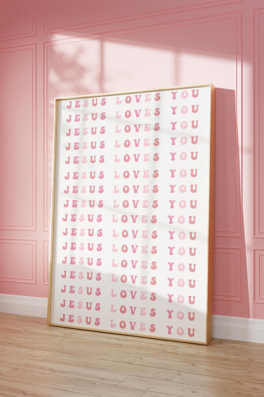 Minimalist Multicolored Jesus Loves You Pink Printable Wall Art| Bible Affirmation, Faith, Christian, Modern, Aesthetic, Girls room, nursery